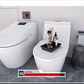 Modern Bathroom Toilets With Open Seat Tray And Fragrance Items Near Trash Bin