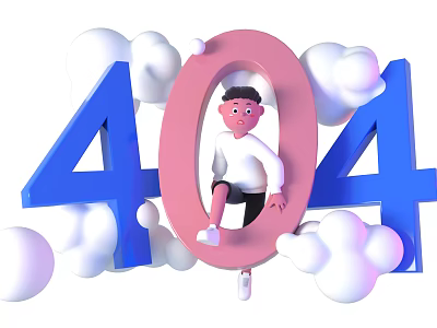 404 Error Page With Cartoon Character Sitting In Zero And Clouds 3d model