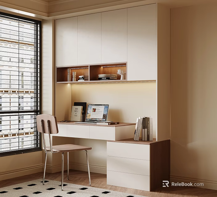 Modern Home Office Desk With Window Blinds Laptop Books And Under Cabinet Lighting 3d model 