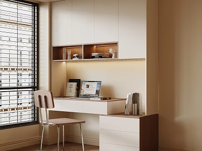 Modern Home Office Desk With Window Blinds Laptop Books And Under Cabinet Lighting 3d model