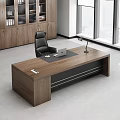 Wooden Office Desk With Black Leather Chair Laptop Lamp And City View Through Large Windows