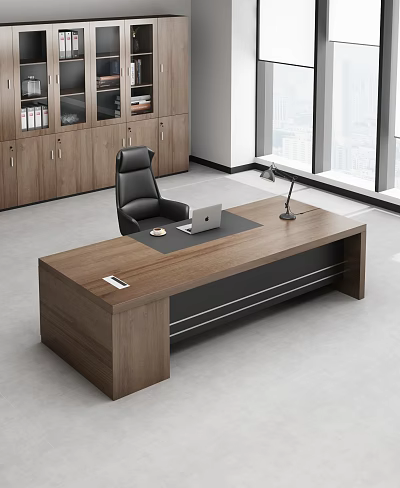 Wooden Office Desk With Black Leather Chair Laptop Lamp And City View Through Large Windows 3d model