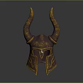 Ornate Horned Helmet With Golden Curved Horns And Silver Metallic Surface