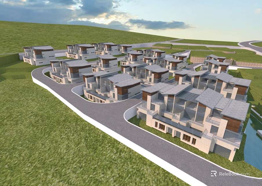 Modern Residential Buildings on Green Hillside with Curved Road and Lake 3d model 