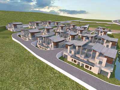 Modern Residential Buildings on Green Hillside with Curved Road and Lake 3d model