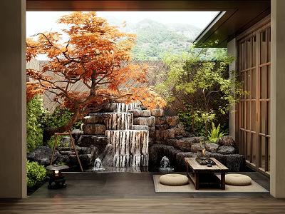 Courtyard Garden Featuring Stone Rockery Waterfall Orange Tree Green Plants And Wooden Flooring 3d model