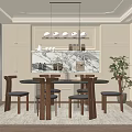 Elegant Modern Dining Area With Round Table Wooden Chairs Hanging Pendant Lights And Marble Backsplash