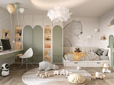 Playful Kids Bedroom With Bear Mural Toys And Balloons 3d model