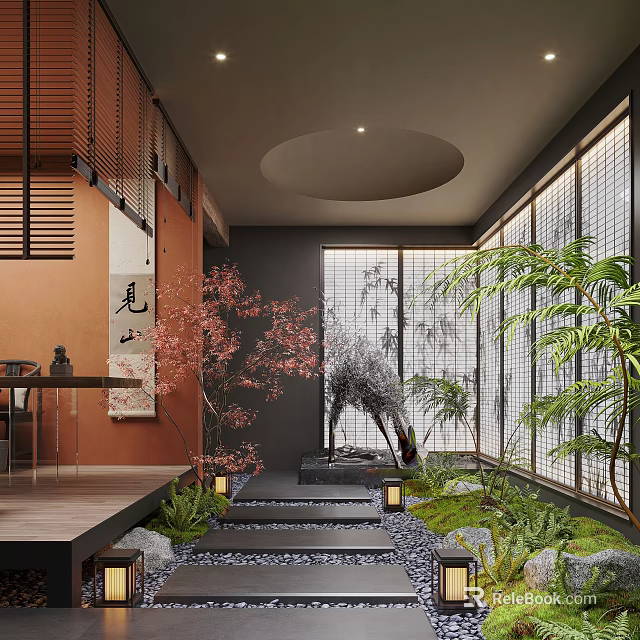 Japanese Style Indoor Landscape With Cherry Blossom Tree Stone Path And Latticed Windows 3d model 