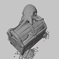 Octopus Shaped Game Movie Character Emerging From Wooden Treasure Chest With Scattered Gold Coins