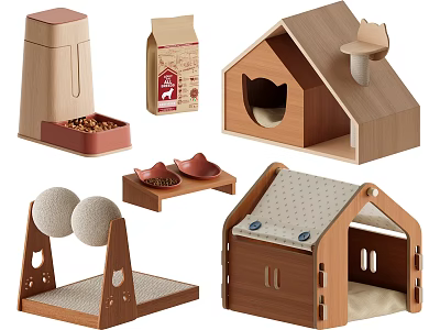 Cozy Wooden Pet Cage With Pet Bed Feeding Bowl Toy Balls And Scratching Post 3d model