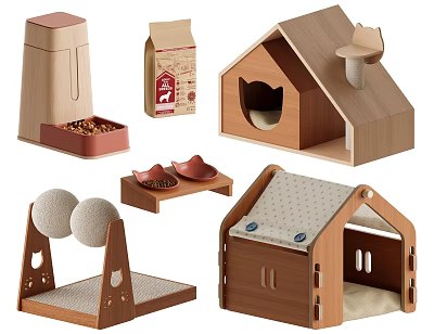 Cozy Wooden Pet Cage With Pet Bed Feeding Bowl Toy Balls And Scratching Post 3d model
