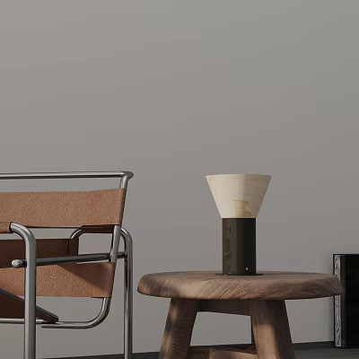 Modern Table Lamp with Cream Shade and Black Base on Wooden Side Table 3d model