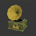 Vintage Phonograph With Yellow Horn Wooden Base And Vinyl Record