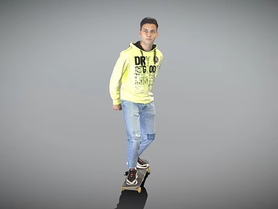 Man wearing yellow hoodie with black text DR SAVAGE on skateboard against gray background 3d model