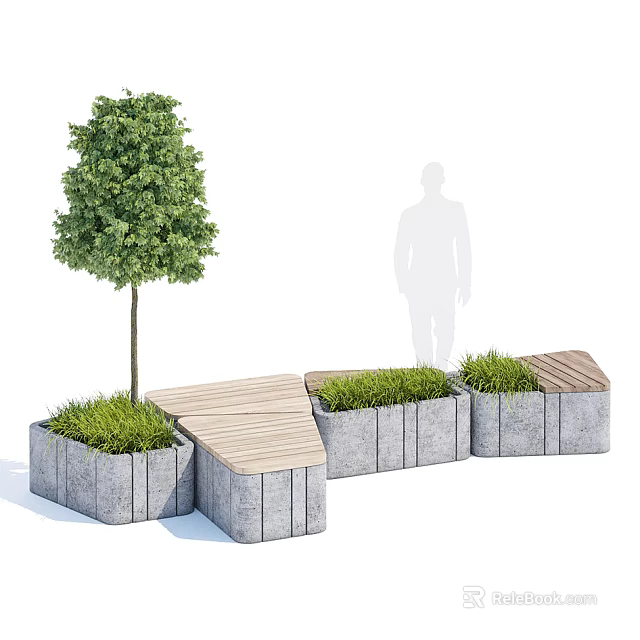 Outdoor Concrete Tree Planter Design With Tree Grass And Wooden Steps 3d model