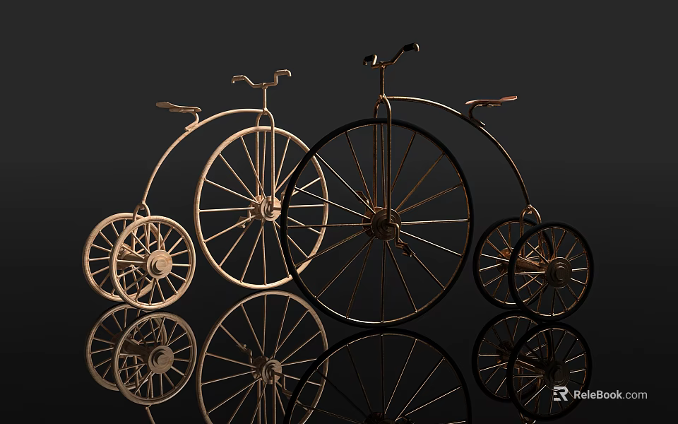 Vintage Metallic Bicycles With Large Front And Small Rear Wheels On Reflective Surface 3d model 