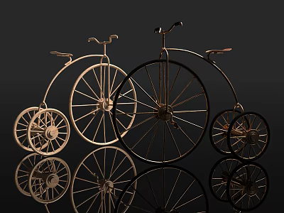 Vintage Metallic Bicycles With Large Front And Small Rear Wheels On Reflective Surface 3d model