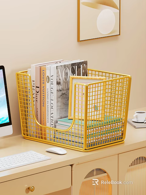 Functional Desk Setup With Yellow Metal Mesh Storage Basket Books Computer Monitor And Coffee Cup 3d model 