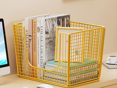 Functional Desk Setup With Yellow Metal Mesh Storage Basket Books Computer Monitor And Coffee Cup 3d model