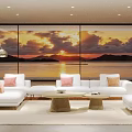 Modern Living Room With Large Windows Sunset Ocean View White Sofa And Coffee Table