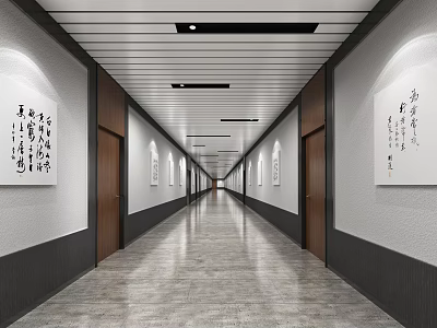 School Corridor With Chinese Calligraphy Art And Modern Interior Design 3d model