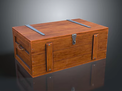 Sturdy Brown Wooden Trunk With Metal Straps And Lock For Storage 3d model