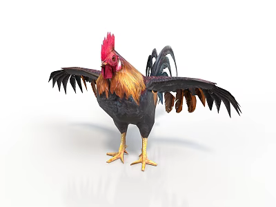 Rooster With Red Comb Golden Black Feathers Spread Wings Yellow Legs On White Background 3d model