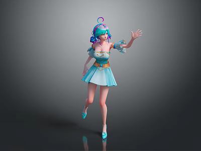 Game Movie Character With Teal Blue Hair Purple Accessory In Blue Dress Waving Lively 3d model