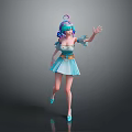 Game Movie Character With Teal Blue Hair Purple Accessory In Blue Dress Waving Lively