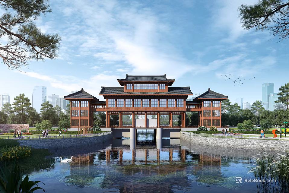 Traditional Chinese Style Office Building With Wooden Structure Overhanging Eaves And Scenic Pond Reflection 3d model 