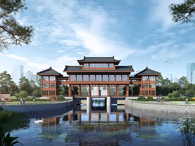 Traditional Chinese Style Office Building With Wooden Structure Overhanging Eaves And Scenic Pond Reflection 3d model