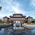 Traditional Chinese Style Office Building With Wooden Structure Overhanging Eaves And Scenic Pond Reflection