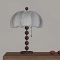 Chinese Traditional Table Lamp With Wooden Base Beige Patterned Shade And Red Fruits