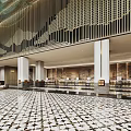 Luxurious Hotel Lobby Interior With Wooden Ceiling Turquoise Hanging Lights And Marble Floor