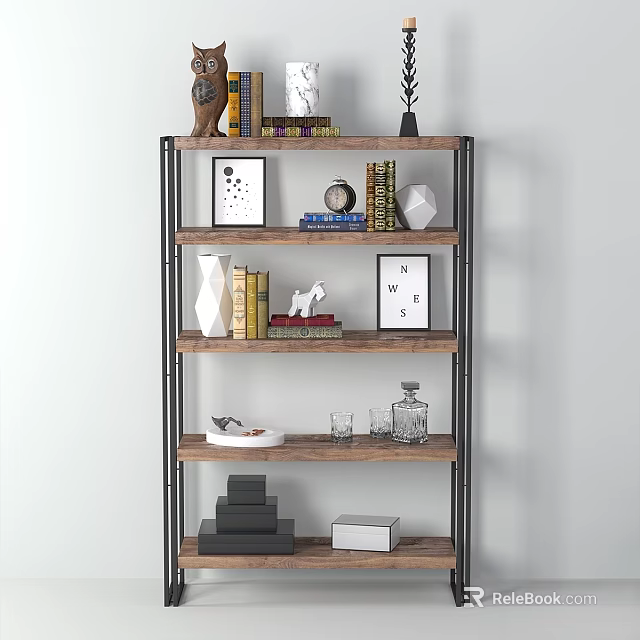 Elegant Decorative Ornament Collection on Multi Tiered Wooden Metal Shelf with Books Vases Picture Frames 3d model 