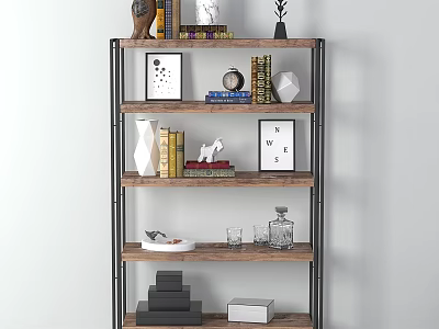 Elegant Decorative Ornament Collection on Multi Tiered Wooden Metal Shelf with Books Vases Picture Frames 3d model
