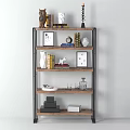 Elegant Decorative Ornament Collection on Multi Tiered Wooden Metal Shelf with Books Vases Picture Frames