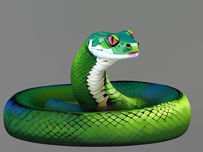Green Snake With Coiled Body Red Eyes And Vibrant Scales On Gray Background 3d model