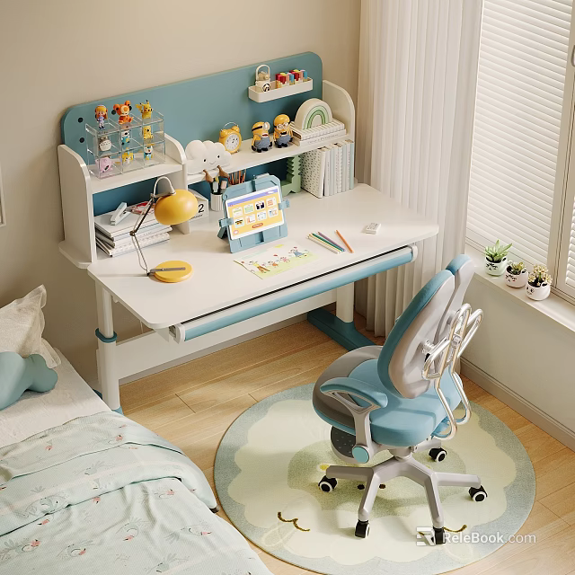 Blue Grey Leisure Chair In Kids Study Room With Desk Lamp Stationery And Carpet 3d model 