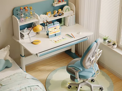 Blue Grey Leisure Chair In Kids Study Room With Desk Lamp Stationery And Carpet 3d model
