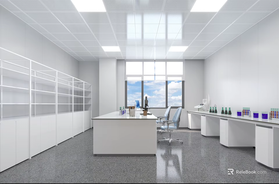 Bright Modern Laboratory Interior Featuring White Lab Tables Chairs Shelves And Windows 3d model 