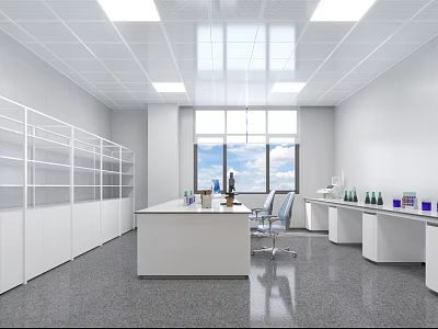 Bright Modern Laboratory Interior Featuring White Lab Tables Chairs Shelves And Windows 3d model