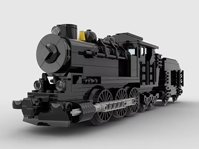Detailed Black Steam Train Model Made With Classic Building Blocks And Wheels 3d model
