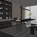 Elegant Tea Room Interior With Dark Shelves Tea Sets Long Table Hanging Lights Potted Plant