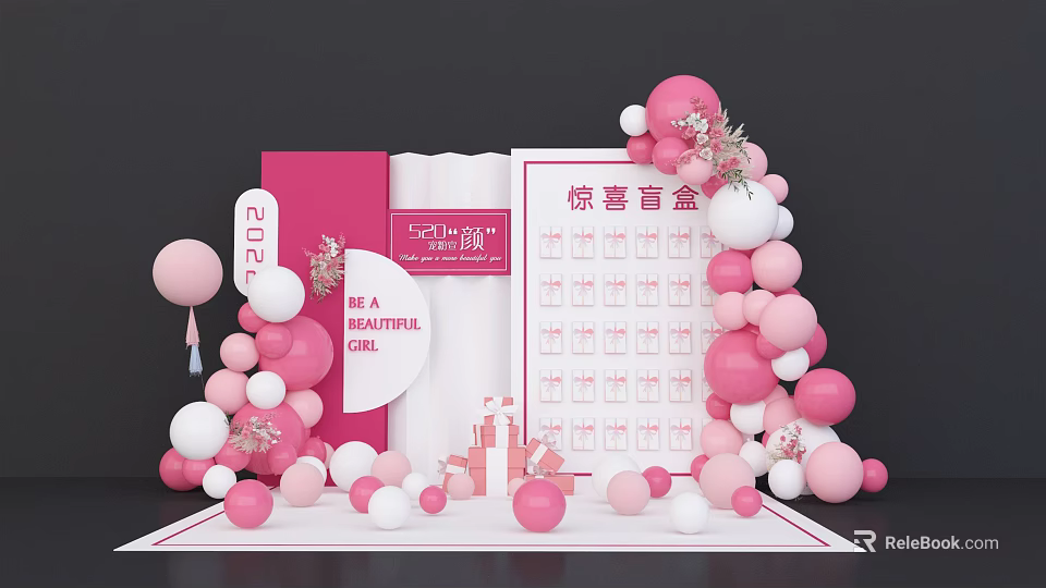Pink And White Surprise Blind Box Display With Balloons And Decorations Setup 3d model 