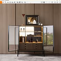 Modern Wine Cabinet With Open Glass Doors And Bottles Inside With Framed Painting On Top