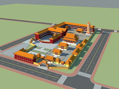 Ancient Chinese Architectural Complex With Traditional Yellow Roofs Red Walls Courtyard Layout Surrounded by Roads 3d model