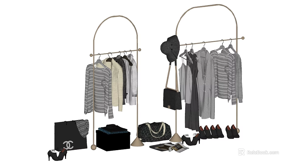 Stylish Clothes On Golden Racks With Hat Handbags Shoes And Jewelry Box 3d model 