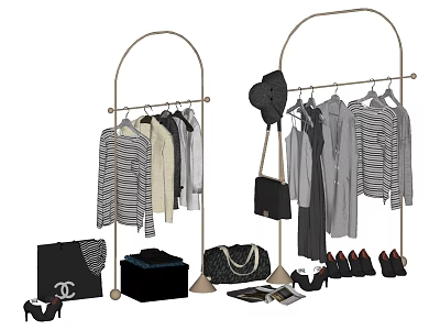 Stylish Clothes On Golden Racks With Hat Handbags Shoes And Jewelry Box 3d model